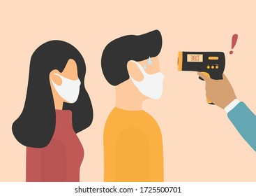 Digital medical infrared non-contact thermometer. For checking the temperature of people to scrub the patient coronavirus. Illustration about temperature checking COVID-19
