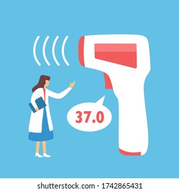 Digital Medical Infrared Thermometer For Forehead Temperature Scan Fever Measurement And For Covid-19 Coronavirus Testing. Doctor Standing With Thermo Scan Device In Flat Design.