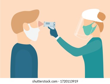 Digital medical infrared thermometer non-contact.For checking the temperature of people to scrub the patient coronavirus.Illustration about temperature checking COVID-19
