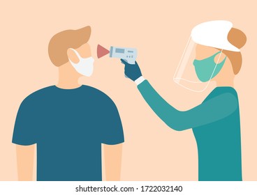 Digital medical infrared thermometer non-contact.For checking the temperature of people to scrub the patient coronavirus.Illustration about temperature checking COVID-19
