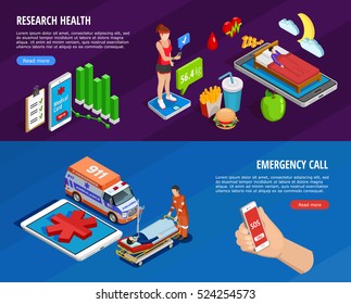 Digital medical isometric horizontal banners with the state of health monitoring by modern technologies vector illustration