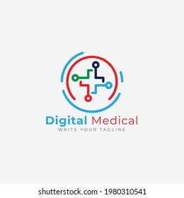 Logotipo médico digital. Vector de diseño de plantillas de logotipo médico técnico. Icono. Símbolo. Emblema.