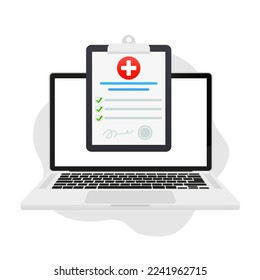 Digital medical prescription document or online test results report on laptop screen vector illustration, PC with online healthy electronic checklist ot, remote internet medicine. Vector illustration