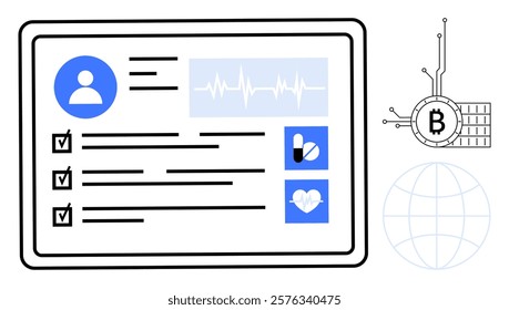 Digital medical record with user details, health data, checklists, pill and heart icons. Ideal for healthcare, digital records, blockchain technology, medical data security, and online health