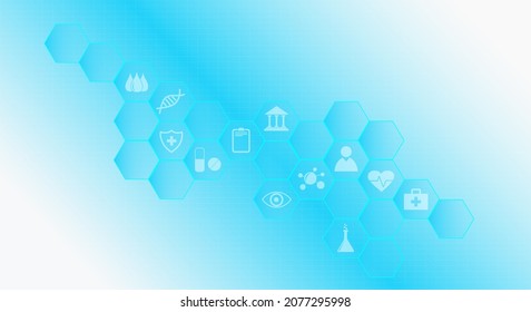 Digital medical science concept. Blue hexagon pattern with health care icons. Design for your ad, presentation, banner, template. Vector illustration