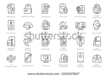 Digital medical services icon pack. Patient monitoring, doctor consultations, telemedicine tools, and health app symbols. Set of line style elements for care system interface. Vector illustration.