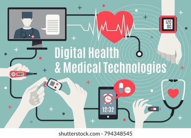 Digital medical technologies flat poster with professional doctor assistance and self-care mobile devices vector illustration 