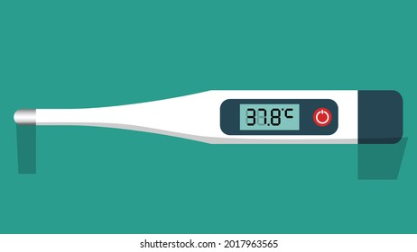 Digital medical thermometer. Green display with digital numbers and celsius sign. Suitable for Covid-19 coronavirus fever, flu, illness concepts.