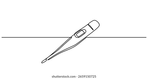Digital medical thermometer, one continuous line drawing. Concept of fever, illness, and temperature diagnostics. Minimalist vector object for a hospital or clinic.