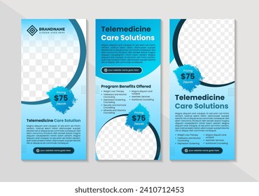 Digital medicine banners vertical set with healthcare devices telemedicine health monitoring roll up display isolated vector illustration. space for photo collage. multicolor blue gradient design