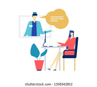 Digital medicine - colorful flat design style illustration on white background. A composition with male doctor, practitioner in overall consulting a woman online via computer, using service, chatting