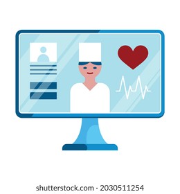 Composición de medicina digital con imagen aislada de pantalla de computadora con carácter de doctor e ilustración de vector de frecuencia cardíaca