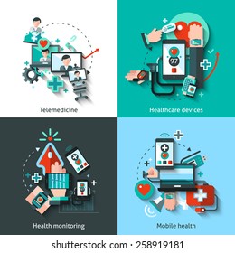 Digital Medicine Design Concept Set With Telemedicine Healthcare Devices Mobile Health Monitoring Flat Icons Isolated Vector Illustration