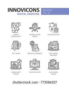 Digital Medicine - Line Design Icons Set With Description. Mobile Consultant, Defibrillator Drone, Glucose Meter, Pill Timer, Medical Research, Electronic Records, Ambulance Online, Doctor, Order