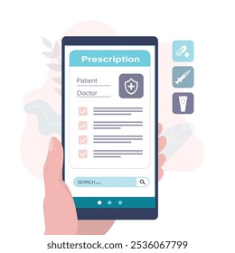 Digital medicine. Obtaining or buying prescription drugs. Telemedicine and pharmacy concept, healthcare. Online prescription. Cell phone with drug store online application. flat vector illustration