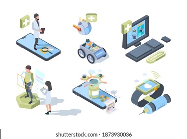 Digital medicine. Smart electronic system for health care people doctor therapy diagnosis monitor pharmacy vector isometric concept