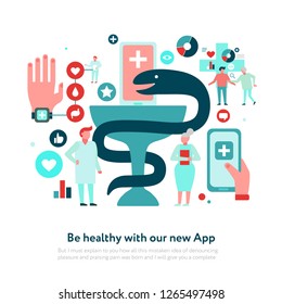 Digital medicine snake with bowl and set of medical icons on white background flat vector illustration