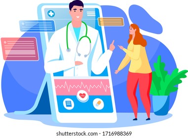 Digital medicine vector illustration set. Cartoon medical healthcare with online app doctor consultation in smartphone, modern medical treatment technology for adult patients people isolated on white