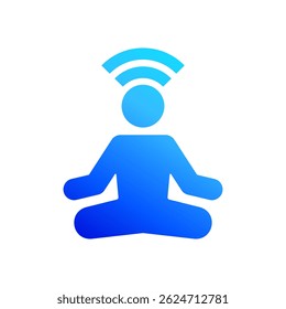 Digital meditation icon in blue gradient style, person mentally connected with wifi signal, concept of balance and technology.