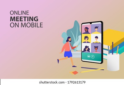 Digital Meeting Teleconference Online internet on phone, mobile website background. social distance concept. decor by book pencil vector Illustration.
