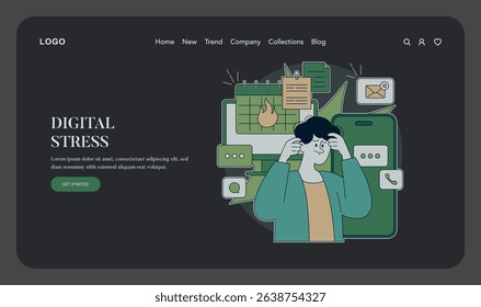 Digital mental health challenges illustrated. An individual experiences anxiety and stress from technology overload. The artwork reflects the impact of constant connectivity on mental well-being
