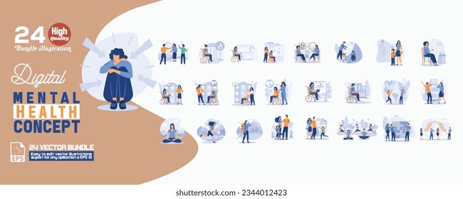 Digital mental health concept illustration, collection of male and female business people scenes in the digital mental health concept scene. mega set flat vector modern illustration