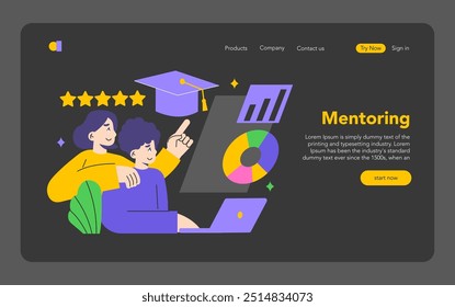 Digital mentoring concept. Two figures engage in online learning, studying statistics and analysis. Sharing knowledge and earning five-star feedback. Vector illustration.