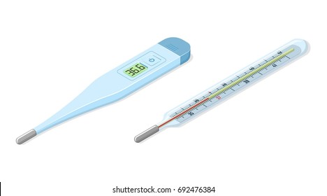 Digital and mercury medical thermometers.  Editable numbers on display. Isometric vector illustration