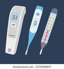 Digital and mercury thermometer vector set. Medical equipment clipart in cartoon style isolated on white background. Thermometer flat vector set.