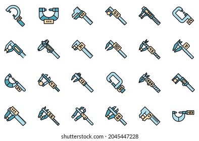 Digital micrometer icons set. Outline set of digital micrometer vector icons thin line color flat isolated on white