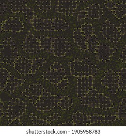 Camuflaje militar digital. Patrón de camo sin foco. Fondo de puntos de semitono. Piel de camaleón o serpiente. Color verde caqui oscuro. Textura abstracta para imprimir sobre tela, textil o papel. Vector