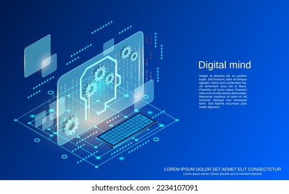 Digital mind, artificial intelligence, digital technology flat 3d isometric vector concept illustration
