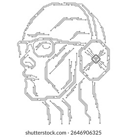 The digital mind. The contours of a person's face wearing glasses and wireless headphones are formed from thin lines that mimic tracks on a printed circuit board. White background.