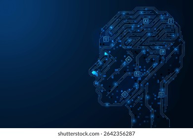 A mente digital do futuro na forma de trilhas de placas de circuitos impressos. Fichas de pensamento e inteligência artificial funcionam. Fundo azul.