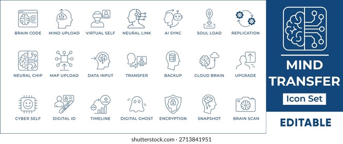 Iconos digitales de transferencia de mente y línea de IA. Inteligencia artificial, Cargar cerebral, red neuronal, aprendizaje automático y símbolos de Vector de conciencia de robot.
