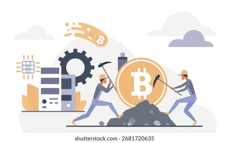 Mineiros digitais trabalhando picaretas servidores de bitcoin elementos de nuvem representam criptomoeda mineração blockchain tecnologia financiamento digital isolado branco fundo vetor ilustração.