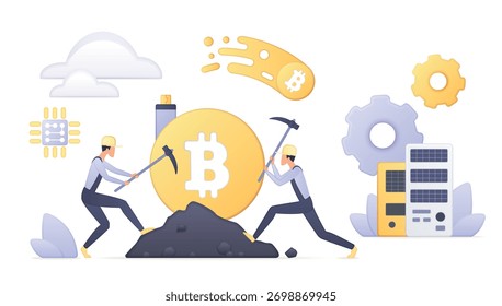 Digitale Bergleute, die mit Pickaxes arbeiten, die das Bitcoin-Symbol extrahieren, umgeben von Blockchain-Technologie, Servern und Zahnrädern, perfekt für Finanzen, Investitionen und Fintech-Themen, Vektorgrafik