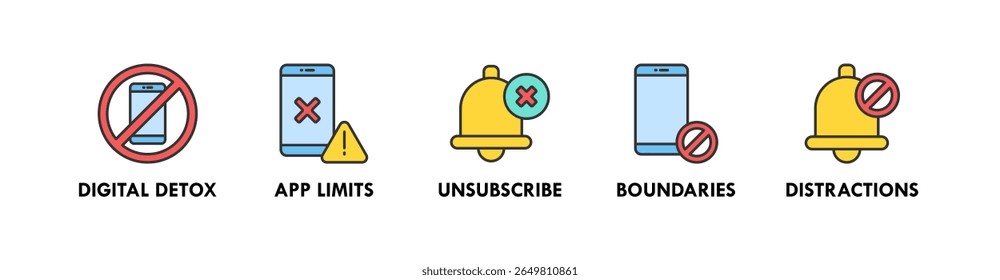 Digital Minimalism banner web icon vector illustration concept with an icon of digital detox, app limits, unsubscribe, boundaries, and distractions