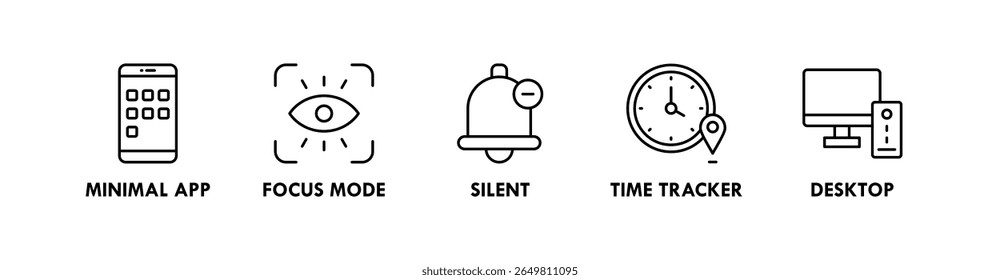 Digital Minimalismo banner web icon vetor ilustração conceito com um ícone de aplicativo mínimo, modo de foco, silencioso, rastreador de tempo e área de trabalho