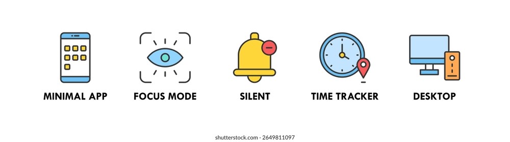 Digital Minimalismo banner web icon vetor ilustração conceito com um ícone de aplicativo mínimo, modo de foco, silencioso, rastreador de tempo e área de trabalho