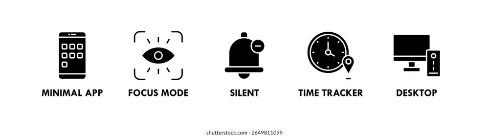 Digital Minimalismo banner web icon vetor ilustração conceito com um ícone de aplicativo mínimo, modo de foco, silencioso, rastreador de tempo e área de trabalho
