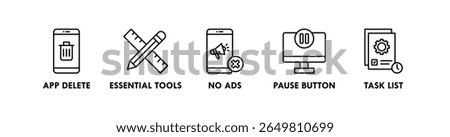 Digital Minimalism banner web icon vector illustration concept with an icon of app delete, essential tools, no ads, pause button, and task list