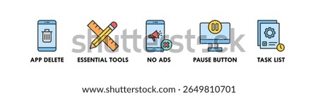 Digital Minimalism banner web icon vector illustration concept with an icon of app delete, essential tools, no ads, pause button, and task list