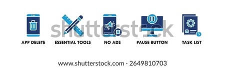 Digital Minimalism banner web icon vector illustration concept with an icon of app delete, essential tools, no ads, pause button, and task list