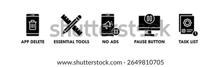 Digital Minimalism banner web icon vector illustration concept with an icon of app delete, essential tools, no ads, pause button, and task list