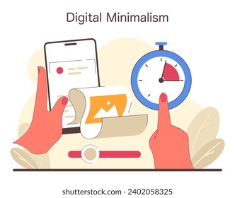 Digital Minimalism concept. Simplified user interface and time management for stress-free life. Stripping down to basics to focus on essentials. Flat vector illustration
