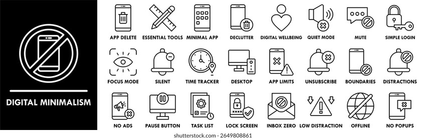 Digital Minimalism icon collection set. Containing design No Distractions, App Deletion, Essential Tools, No Ads, Pause