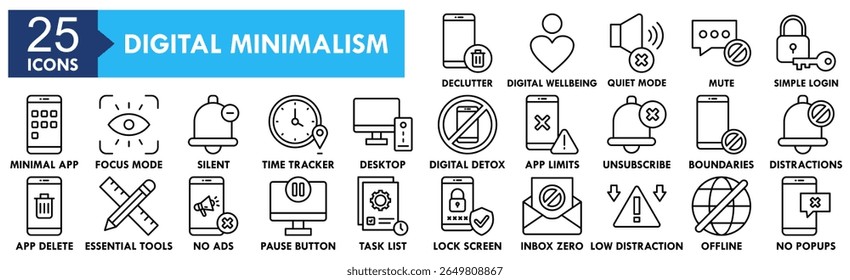 Digital Minimalism icon collection set. Containing design No Distractions, App Deletion, Essential Tools, No Ads, Pause