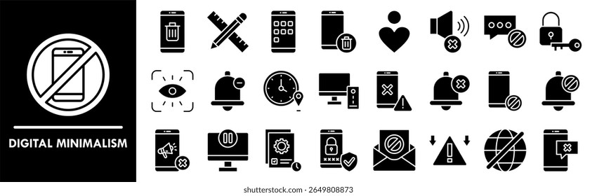 Digital Minimalism icon collection set. Containing design No Distractions, App Deletion, Essential Tools, No Ads, Pause