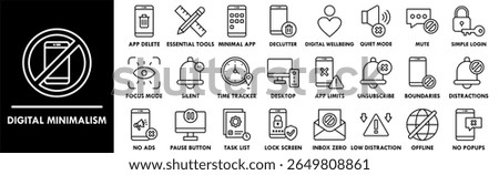Digital Minimalism icon collection set. Containing design No Distractions, App Deletion, Essential Tools, No Ads, Pause